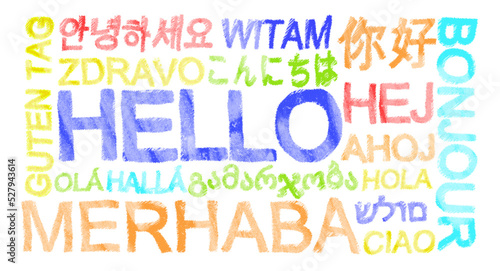 Greeting words in different foreign languages on white background photo