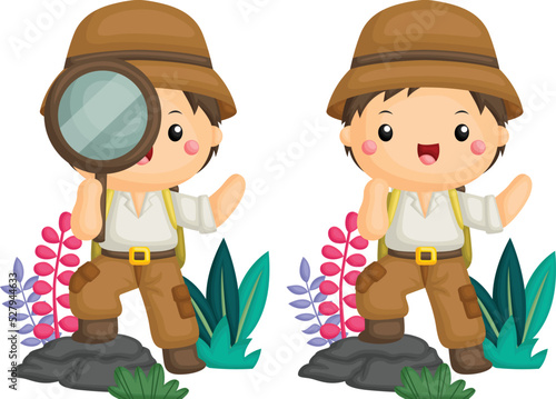 
a vector of a cute boy dressed as a forest explorer with magnifying glasses
