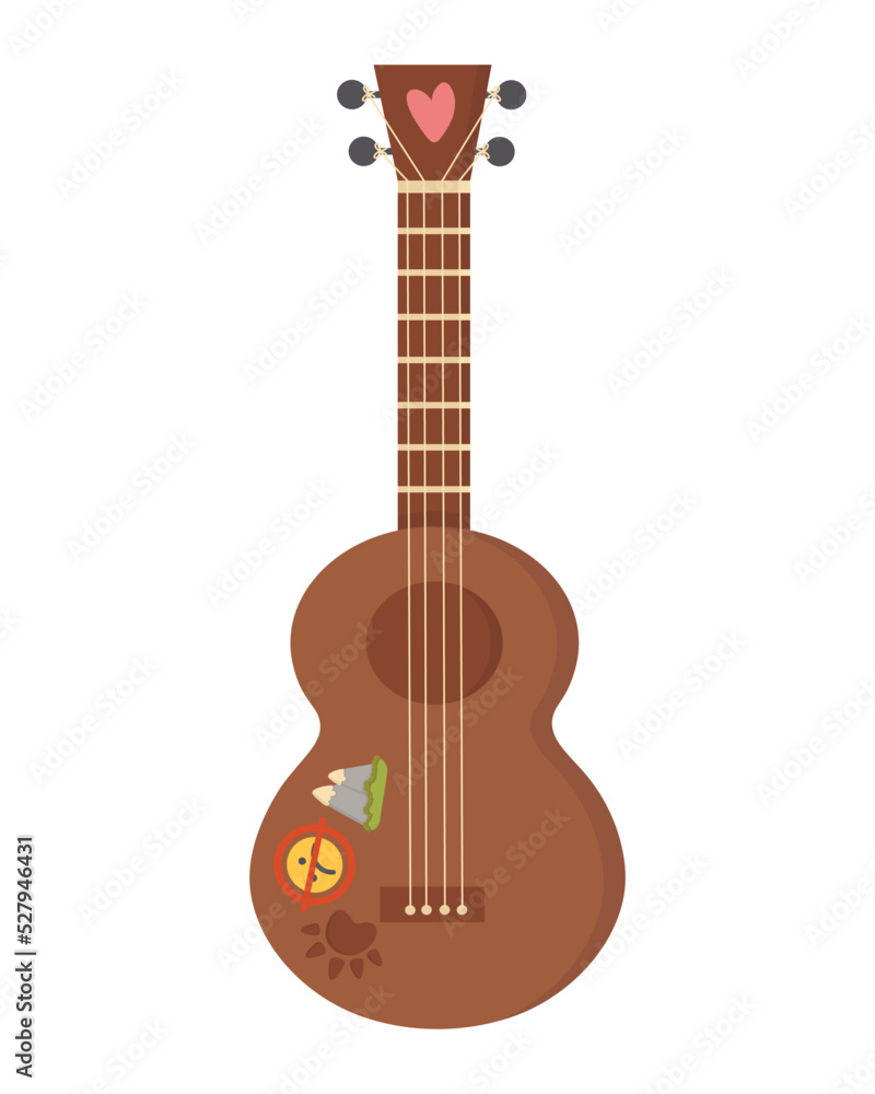 Fototapeta premium Doodle clipart. Classical guitar with stickers on the deck. All objects are repainted.
