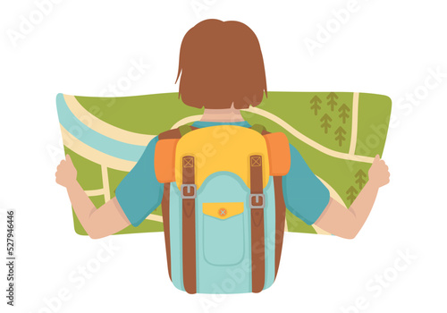 Doodle flat clipart. Woman traveler with a map. All objects are repainted.