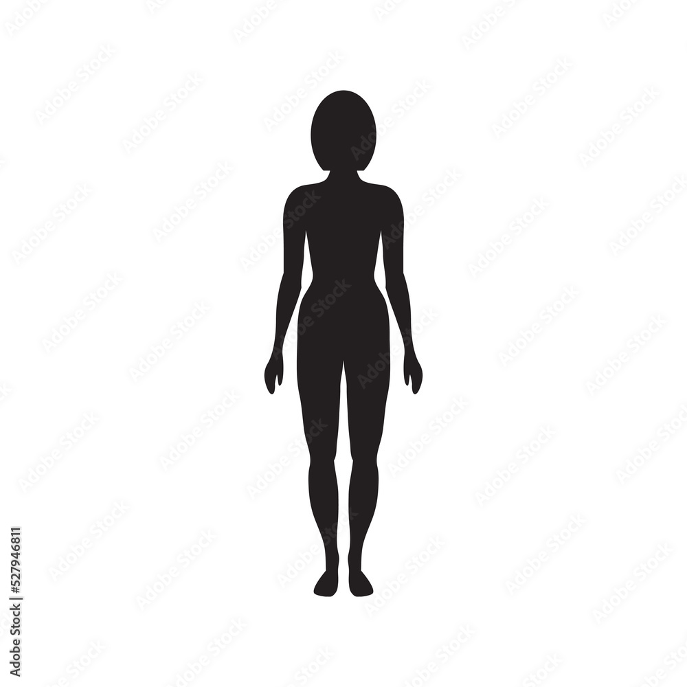 Black human silhouette. Standard female figure in full growth. Standing slim woman isolated. Female gender. Correct physique and body proportions. Front view. Unknown adult girl. Impersonal character. Black human silhouette. Standard female figure in full growth. Standing slim woman isolated. Female gender. Correct physique and body proportions. Front view. Unknown adult girl. Impersonal character.