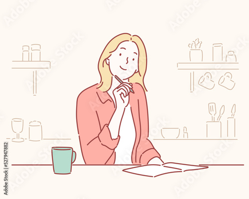 Smiling young woman studying at the table on a kitchen at home Hand drawn style vector design illustrations.