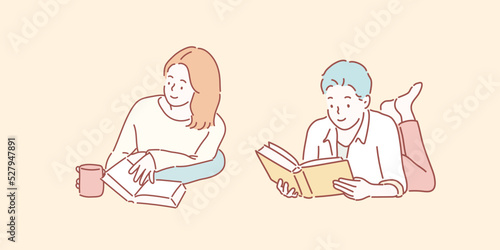 Young people reading book. Hand drawn style vector design illustrations. 