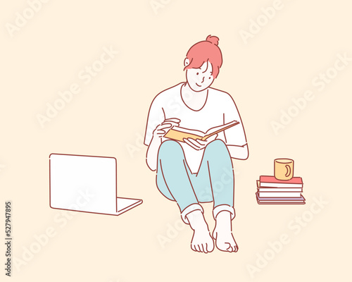 Young Woman Sitting on the floor and Reading Book. Hand drawn style vector design illustrations.