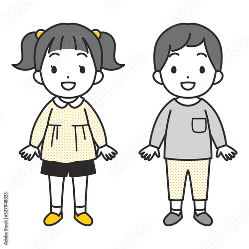 明るい表情の小さな女の子と男の子のイラスト（長袖・カラー）