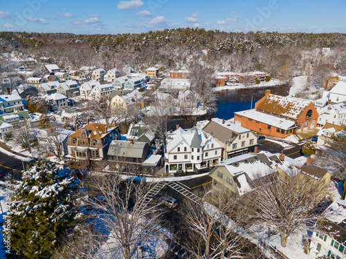 Manchester historic town center and harbor aerial view, Manchester by the sea, Cape Ann, Massachusetts MA, USA.