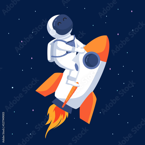 cute cartoon astronaut riding rocket in the space for travel at universe