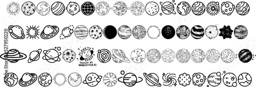 A collection of planetary sketches for icons or logos on a black and white background