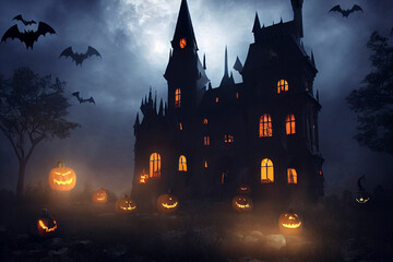 Spooky old gothic castle, foggy night, haunted mansion