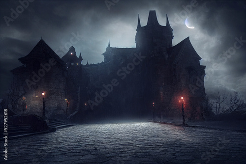 Fototapeta Spooky old gothic castle, foggy night, haunted mansion