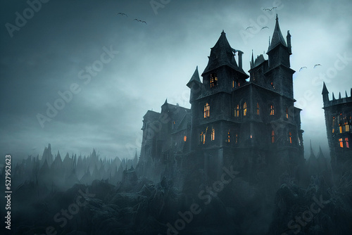 Fotobehang Spooky old gothic castle, foggy night, haunted mansion