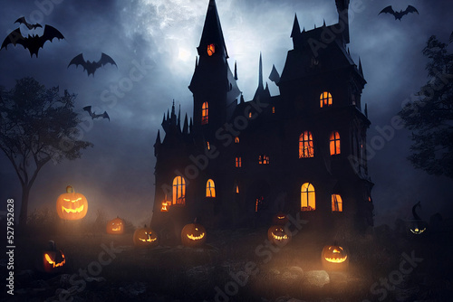 Spooky old gothic castle, foggy night, haunted mansion