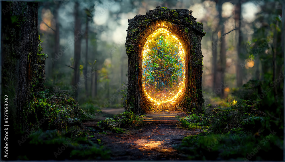 Spectacular fantasy scene with a portal archway covered in creepers. In the fantasy world, ancient magical stone gate show another dimension. Digital art 3D illustration. - obrazy, fototapety, plakaty 