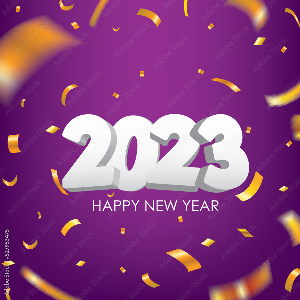 3D 2023 Happy New Year Greeting with Gold Confetti on Purple Background. New Year Vector Illustration.