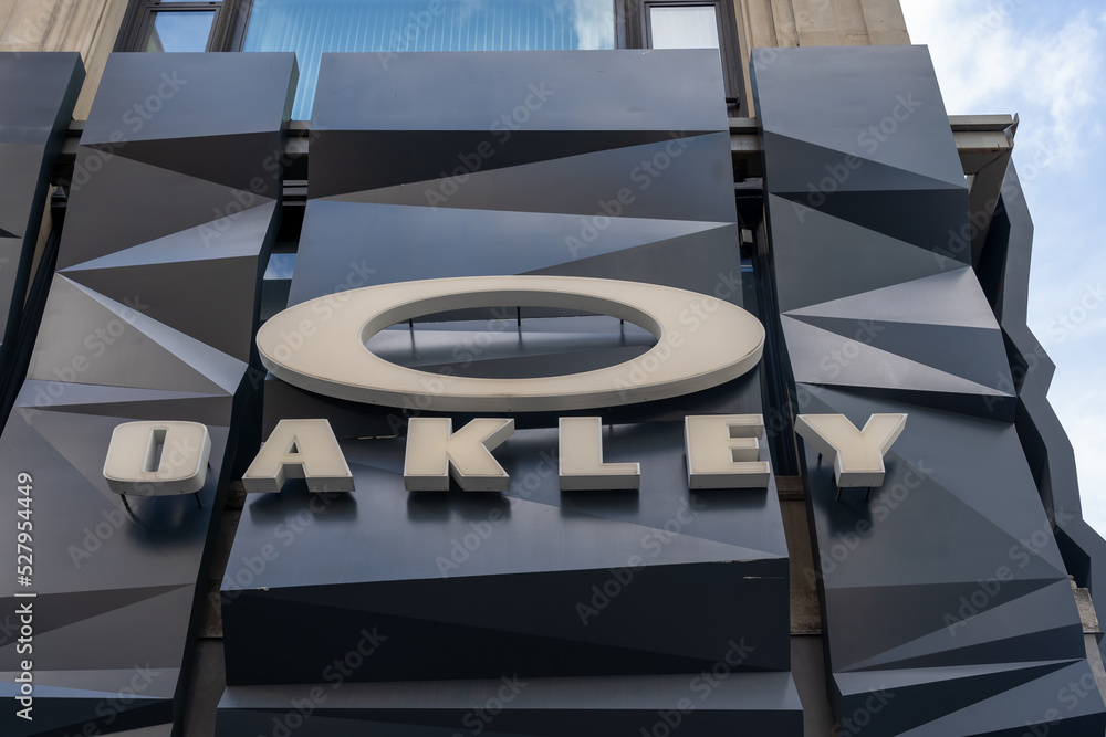 New York City, USA - August 21, 2022: A close up of Oakley store sign is  seen