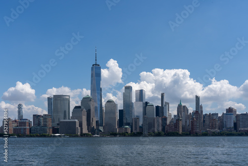 Jersey City, NJ, USA - August 23, 2022: Downtown Manhattan skyline views from Jersey City, NJ, USA, August 23, 2022. Manhattan is the most densely populated of New York City’s 5 boroughs.