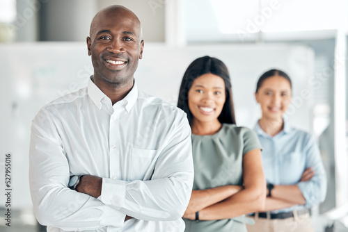 Business leadership, black man and ceo director leading teamwork collaboration with vision, success and motivation in company. Portrait of african executive manager, happy entrepreneur and smile boss