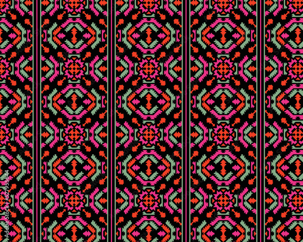 Symmetric seamless pattern in ethnic style. Tribal geometric ornament, perfect for textile design, site background, wrapping paper, and other endless fill. Trendy boho tile.