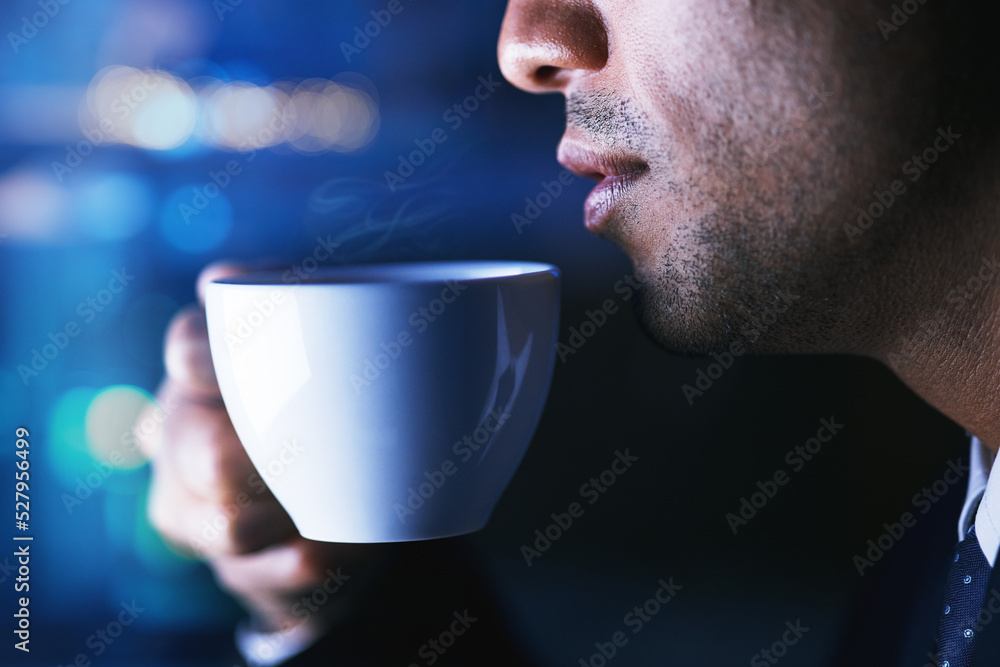 Coffee, relax and man breathing in aroma of beverage after work in bokeh at night. Break, face and person taking in aromatic smell or tasting delicious fresh espresso, caffeine or cappuccino. Coffee, relax and man breathing in aroma of beverage after work in bokeh at night. Break, face and person taking in aromatic smell or tasting delicious fresh espresso, caffeine or cappuccino.