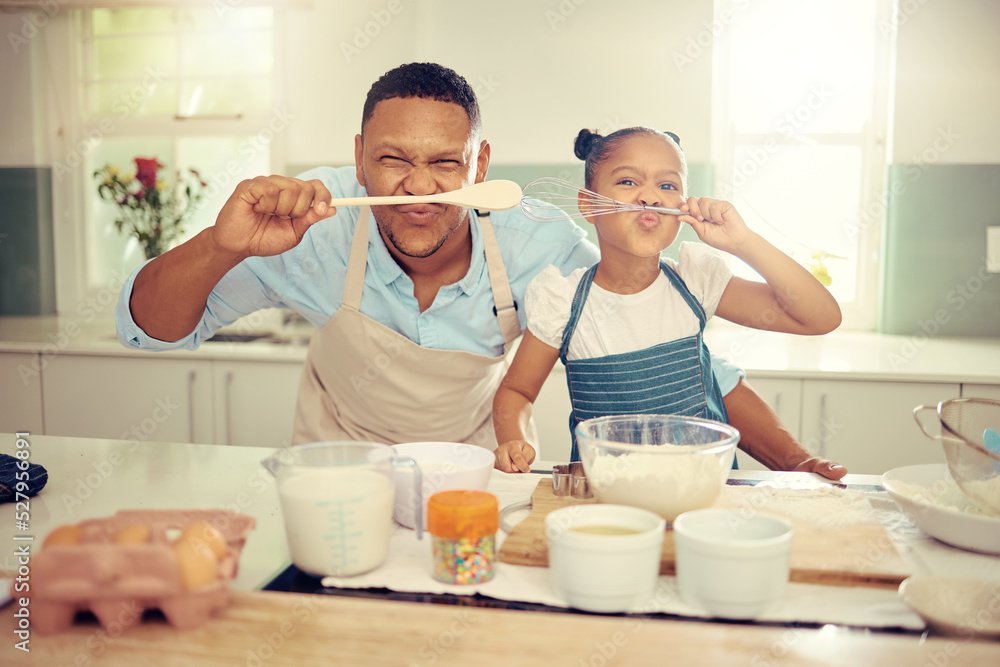 Naklejka premium Food, cooking and family with happy black father and daughter bonding and being silly in a kitchen, Single parent teaching his child how to prepare a healthy and nutrition meal, having fun at home