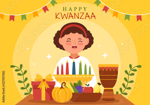 Happy Kwanzaa Holiday African Template Hand Drawn Cartoon Flat Illustration with Order of Name of 7 principles in Candles Symbols Design