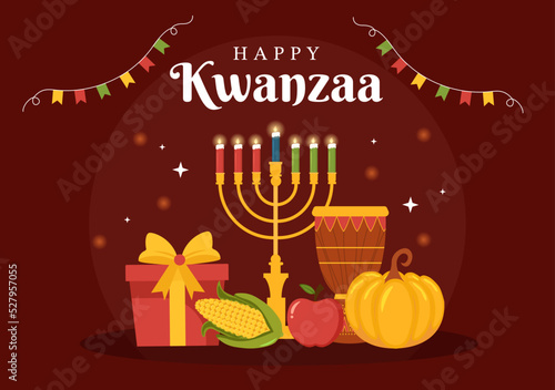 Happy Kwanzaa Holiday African Template Hand Drawn Cartoon Flat Illustration with Order of Name of 7 principles in Candles Symbols Design