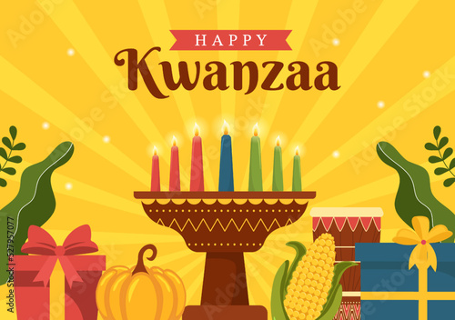 Happy Kwanzaa Holiday African Template Hand Drawn Cartoon Flat Illustration with Order of Name of 7 principles in Candles Symbols Design