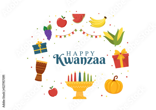 Happy Kwanzaa Holiday African Template Hand Drawn Cartoon Flat Illustration with Order of Name of 7 principles in Candles Symbols Design