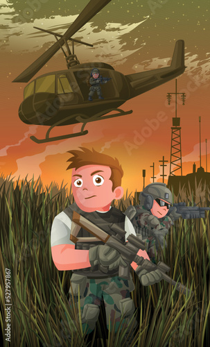 Military operation site, army helicopter driving war, attack activity, grassland landscape.