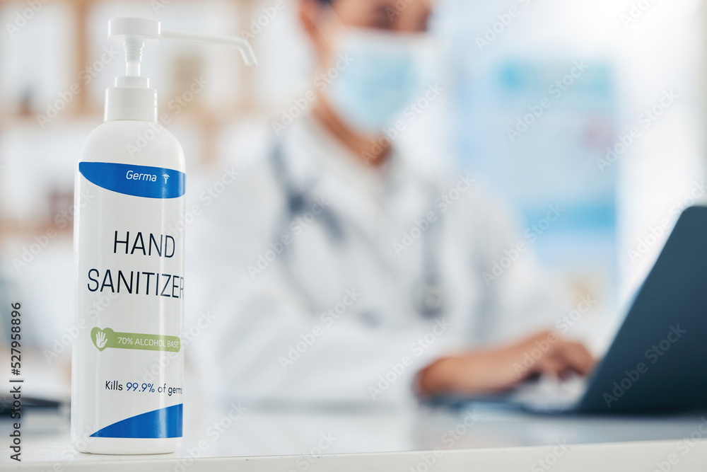 Covid, doctor and hand sanitizer or hygiene bottle on counter top, table or desk of medical healthcare hospital or clinic. Bacteria, medicine and safety with health pharmacist and virus pandemic Covid, doctor and hand sanitizer or hygiene bottle on counter top, table or desk of medical healthcare hospital or clinic. Bacteria, medicine and safety with health pharmacist and virus pandemic