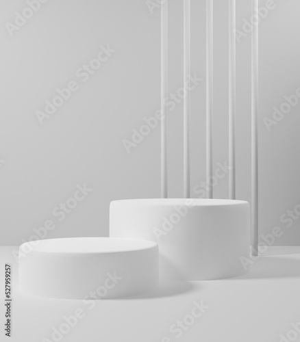 minimal white podium or pedestal for product showcase, empty platform stand display, blank stage for presentation, 3d rendering