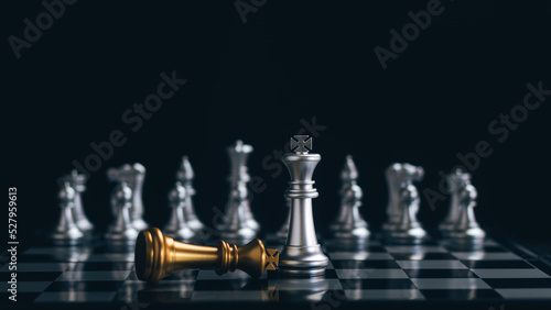 Fotografiet Close-up chess king queen bishop knight rook, business team and leadership strategy, teamwork on chessboard concept, administration and management of an organization or company