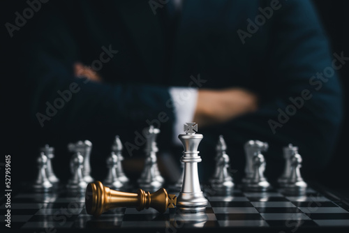Canvastavla Close-up chess king queen bishop knight rook, business team and leadership strategy, teamwork on chessboard concept, administration and management of an organization or company