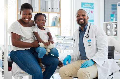 Black people consulting pediatrician family doctor for patient healthcare service, medical help and wellness checkup in clinic surgery. Portrait smile, happy and trust african gp with healthy advice