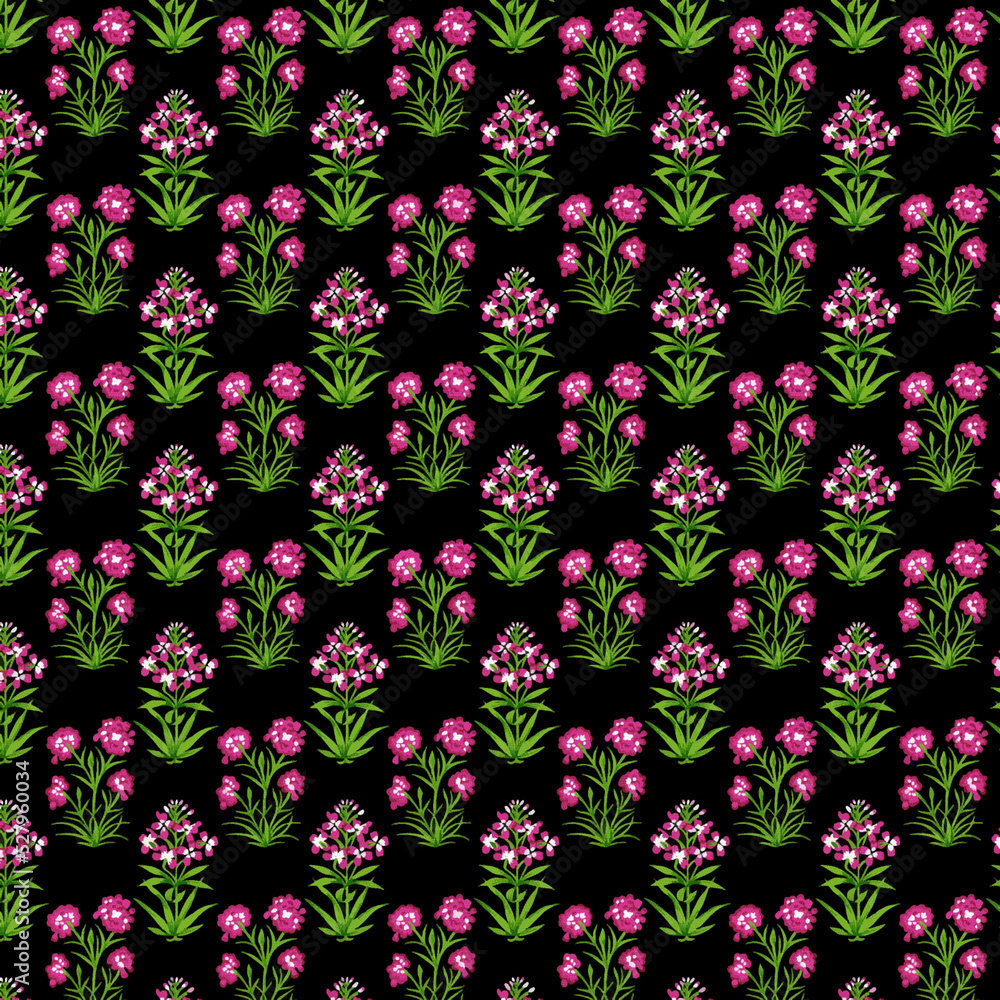 Mughal floral motif black ground seamless pattern.