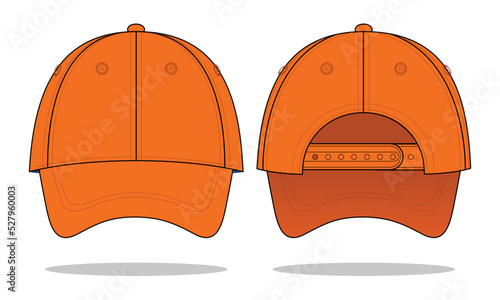 Orange baseball cap template with adjustable snap back closure template on white background, vector file.