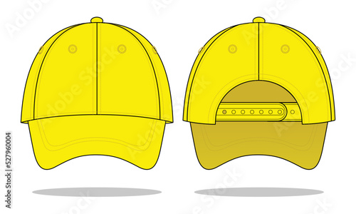 Yellow baseball cap template with adjustable snap back closure template on white background, vector file.