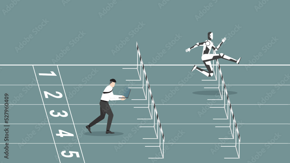 AI vs human battle concept. An employee and robot run on a racetrack. A faster robot leads a man working on a laptop. Business competition, contest, career position in digital age cyber technology. AI vs human battle concept. An employee and robot run on a racetrack. A faster robot leads a man working on a laptop. Business competition, contest, career position in digital age cyber technology.
