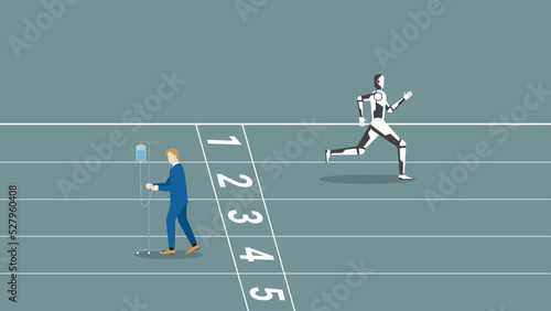 Concept of AI vs human battle, cyborg replace and turnover human career. A robot start runs on race track, fired sick businessman. Competition, contest, career position in digital age technology.