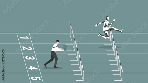 AI vs human battle concept. An employee and robot run on a racetrack. A faster robot leads a man working on a laptop. Business competition, contest, career position in digital age cyber technology.