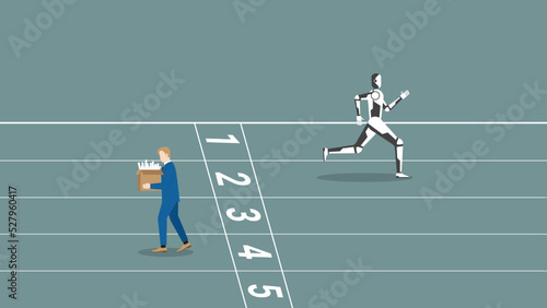 Concept of AI vs human battle, cyborg replace and turnover human career. A robot start runs on race track, fired businessman. Business competition, contest, career position in digital age technology.