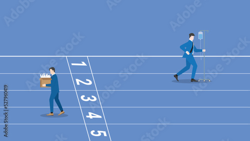Compete position, contest and 
compare performance concepts. Hard-working, diligent, businessman run on a race track from a start line, fired loser unemployment ending job. economic downturn lay off.