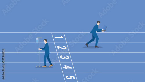 Compete position, contest and 
compare performance concepts. Hard-working, diligent, businessman run on a race track from a start line, fired loser unemployment ending job. economic downturn lay off.