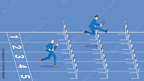 Advantages of hard-working, diligent, enthusiastic, intense. A leader businessman works by laptop and follow up rival run and jump on a race track. Career position, competition, contest, performance.