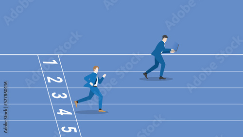 Advantages of hard-working, diligent, enthusiastic, intense. A leader businessman work by laptop and follow up rival run on a race track. Career position, competition, contest, compare a performance.