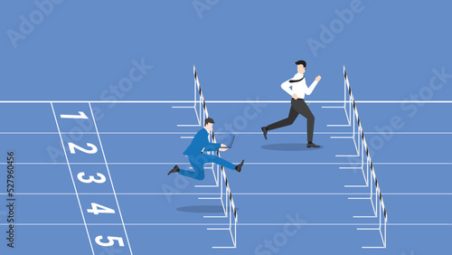 Concept of career position, competition, contest, performance, hard-working, diligent, enthusiastic, intense businessman works by laptop, run and jump on a race track, attention from leader rivalry.