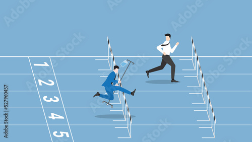 Business concept of Workaholic, hard working, diligent, enthusiastic, intense, career position, competition,  performance, and no sick leave. Businessman runs on race track by saline medical drip bag.
