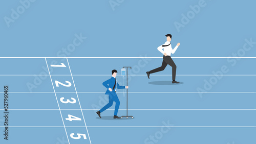 Business concept of Workaholic, hard working, diligent, enthusiastic, intense, career position, competition,  performance, and no sick leave. Businessman runs on race track by saline medical drip bag.