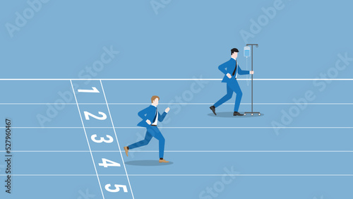 Business concept of Workaholic, hard-working, diligent, enthusiastic, intense, career position, competition,  performance, and no sick leave. Businessman runs on race track by saline medical drip bag.
