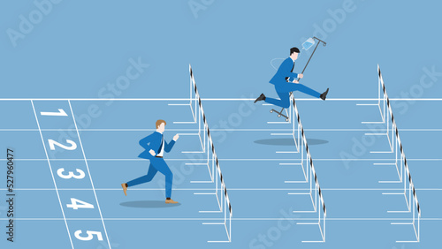 Business concept of Workaholic, hard working, diligent, enthusiastic, intense, career position, competition,  performance, and no sick leave. Businessman runs on race track by saline medical drip bag.